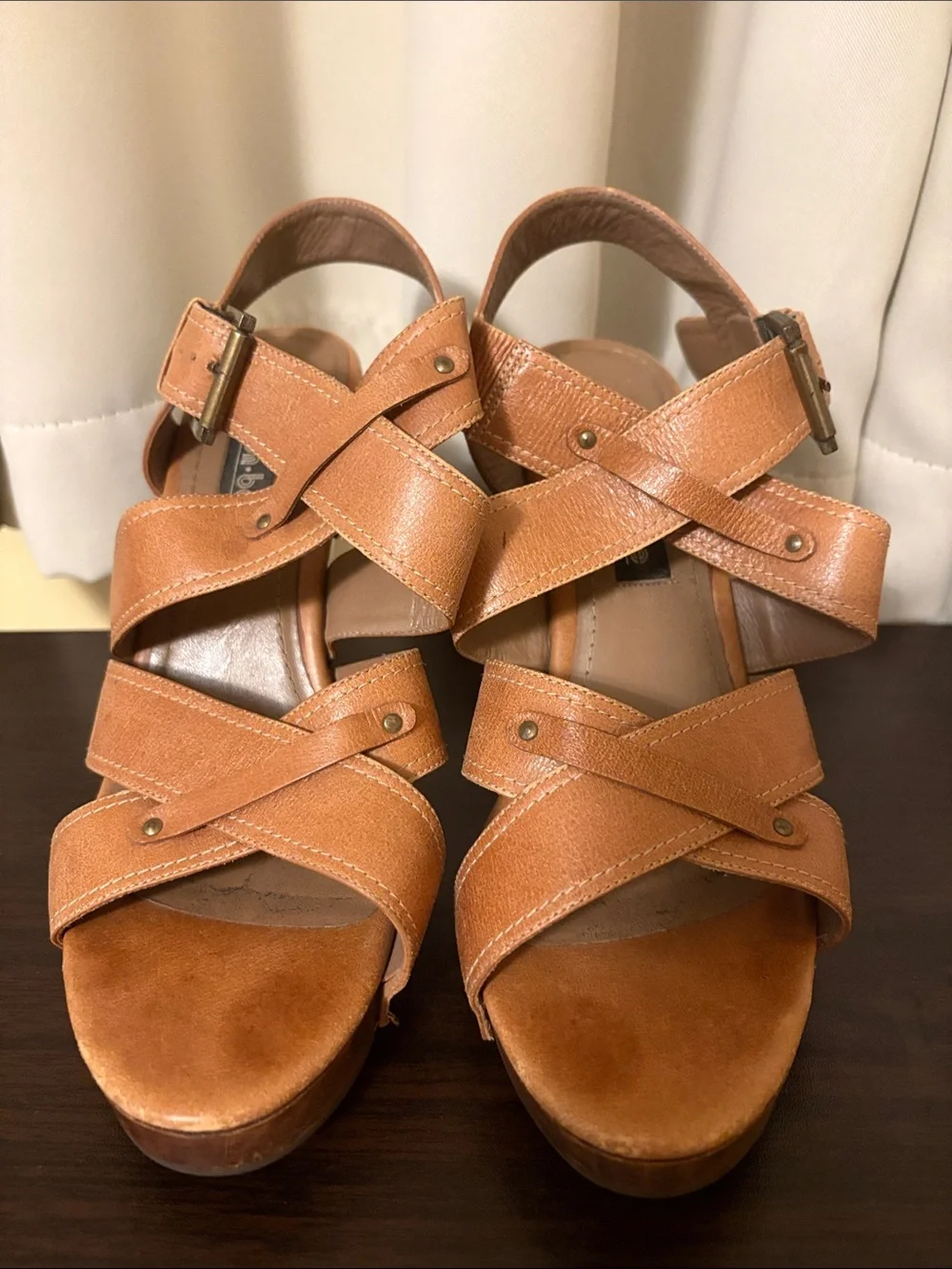 bon.bonite Vintage Women's Tan Crisscross Leather Wedge Sandals 6